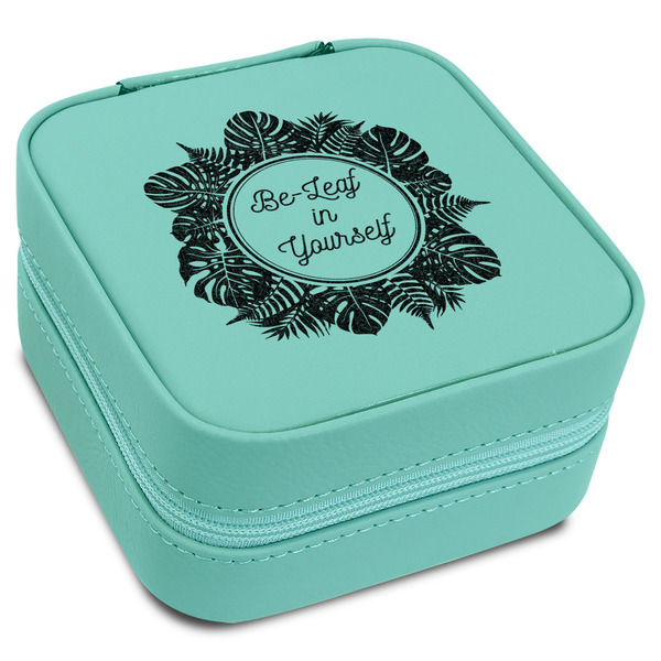 Custom Tropical Leaves Border Travel Jewelry Box - Teal Leather (Personalized)