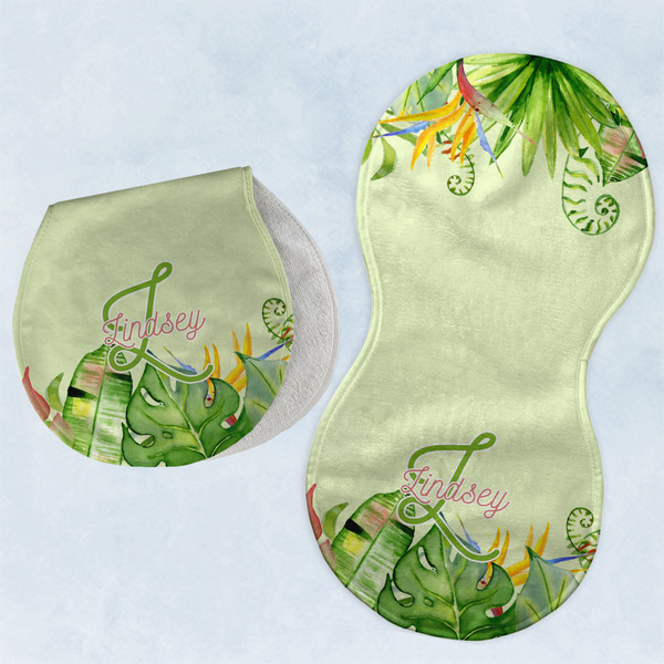 Custom Tropical Leaves Border Burp Pads - Velour - Set of 2 w/ Name and Initial