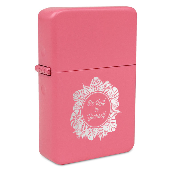 Custom Tropical Leaves Border Windproof Lighter - Pink - Double Sided & Lid Engraved (Personalized)