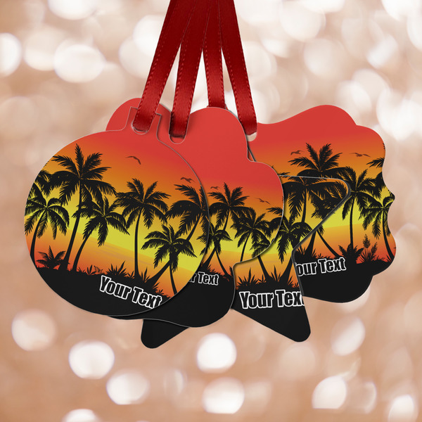 Custom Tropical Sunset Metal Ornaments - Double Sided w/ Name or Text