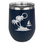 Tropical Sunset Stemless Stainless Steel Wine Tumbler - Navy - Double Sided (Personalized)