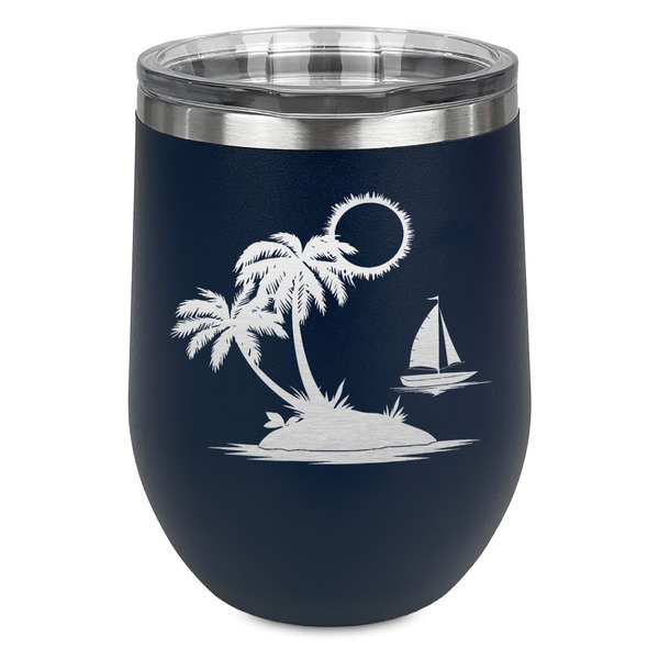 Custom Tropical Sunset Stemless Stainless Steel Wine Tumbler - Navy - Double Sided (Personalized)