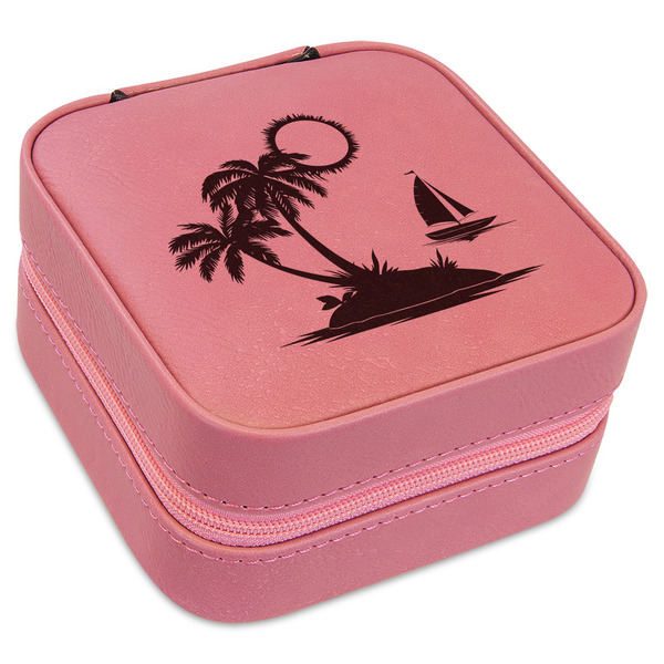 Custom Tropical Sunset Travel Jewelry Boxes - Pink Leather