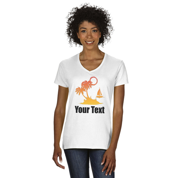 Custom Tropical Sunset Women's V-Neck T-Shirt - White - 2XL (Personalized)
