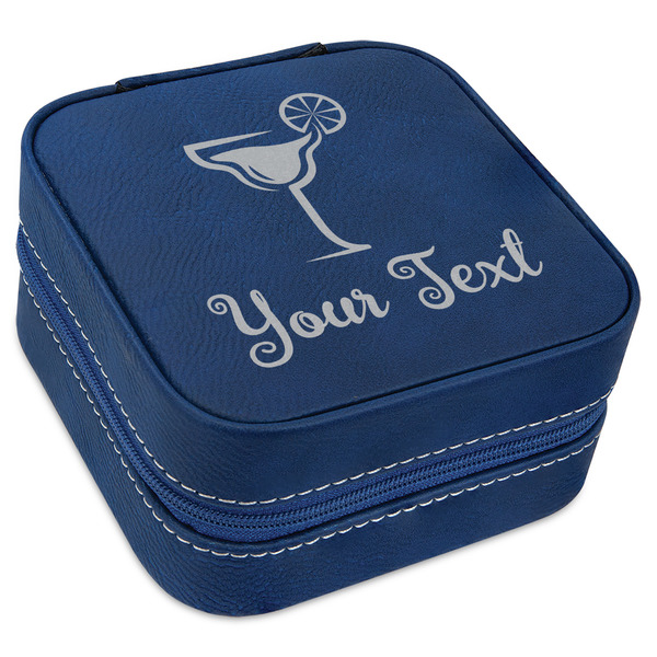 Custom Cocktails Travel Jewelry Box - Navy Blue Leather (Personalized)