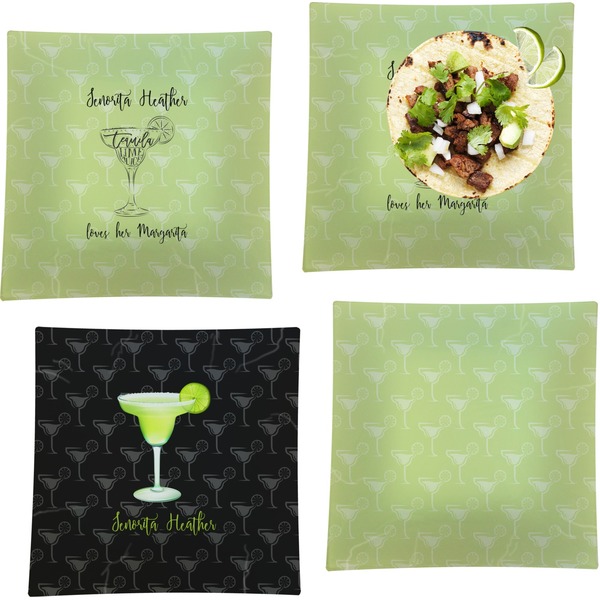 Custom Margarita Lover Set of 4 Glass Square Lunch / Dinner Plate 9.5" (Personalized)