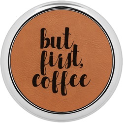 Coffee Addict Set of 4 Leatherette Round Coasters w/ Silver Edge