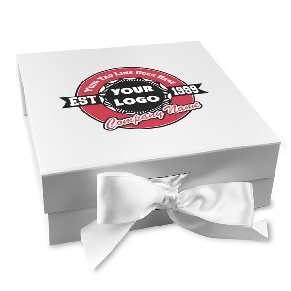 Custom Logo & Tag Line Gift Box with Magnetic Lid - White (Personalized)