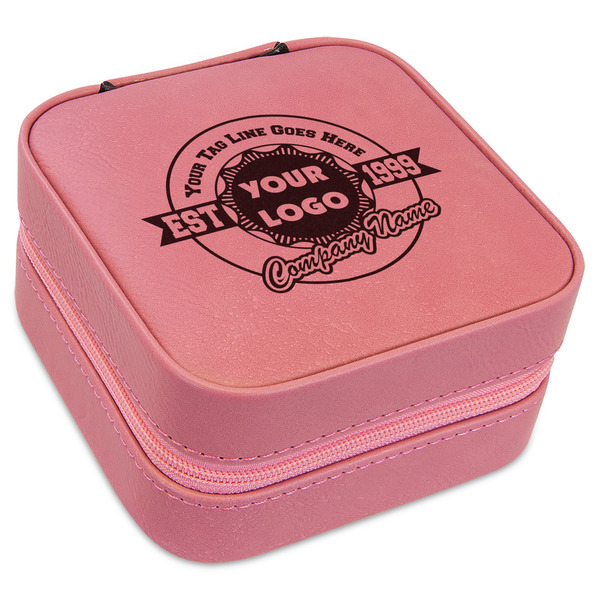 Custom Logo & Tag Line Travel Jewelry Boxes - Pink Leather (Personalized)