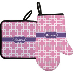 Linked Squares Right Oven Mitt & Pot Holder Set w/ Name or Text