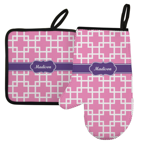 Custom Linked Squares Left Oven Mitt & Pot Holder Set w/ Name or Text