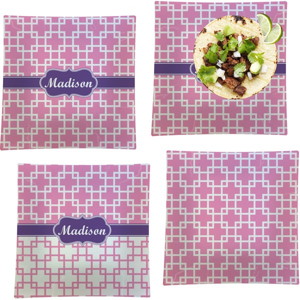 Custom Linked Squares Set of 4 Glass Square Lunch / Dinner Plate 9.5" (Personalized)