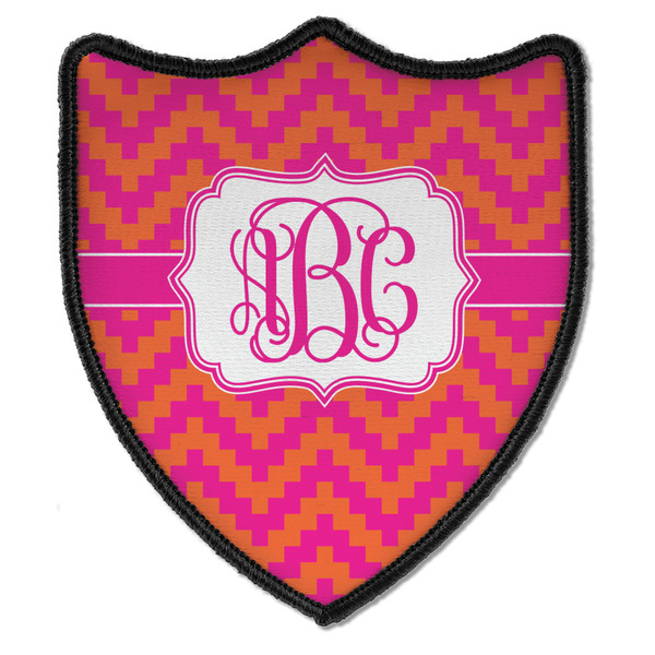 Custom Pink & Orange Chevron Iron On Shield Patch B w/ Monogram