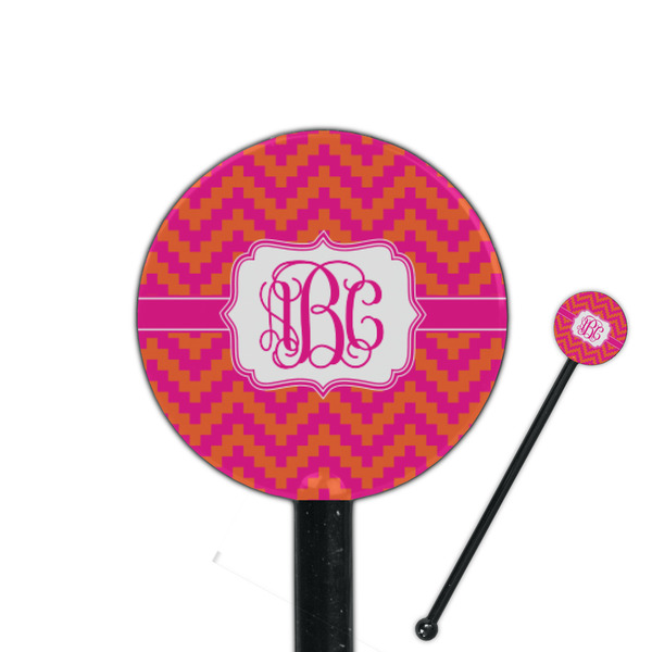 Custom Pink & Orange Chevron 5.5" Round Plastic Stir Sticks - Black - Double Sided (Personalized)