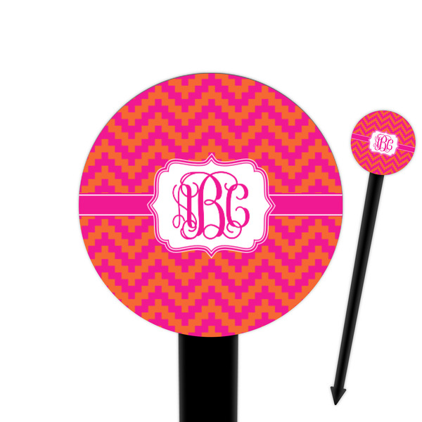 Custom Pink & Orange Chevron 6" Round Plastic Food Picks - Black - Single Sided (Personalized)