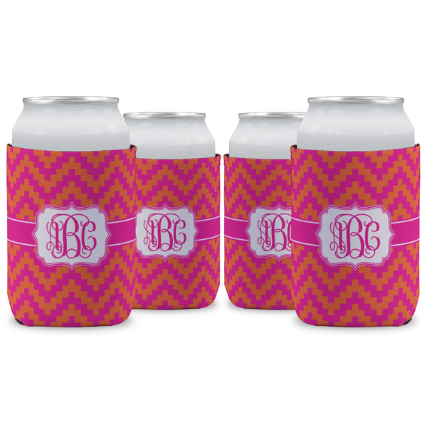 Custom Pink & Orange Chevron Can Cooler (12 oz) - Set of 4 w/ Monogram