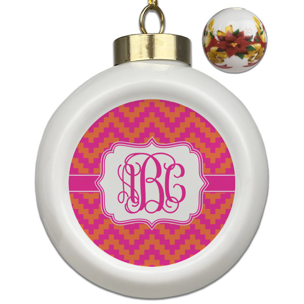 Custom Pink & Orange Chevron Ceramic Ball Ornaments - Poinsettia Garland (Personalized)