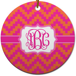 Pink & Orange Chevron Round Ceramic Ornament w/ Monogram