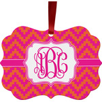 Pink & Orange Chevron Metal Frame Ornament - Double Sided w/ Monogram