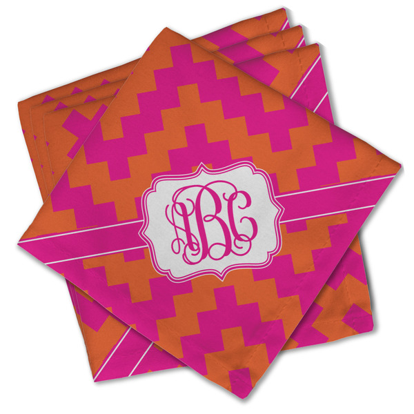 Custom Pink & Orange Chevron Cloth Cocktail Napkins - Set of 4 w/ Monogram