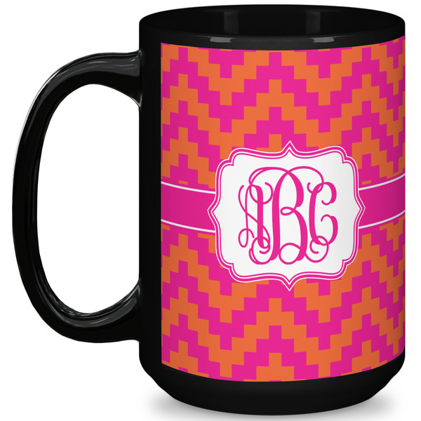 Custom Pink & Orange Chevron 15 Oz Coffee Mug - Black (Personalized)