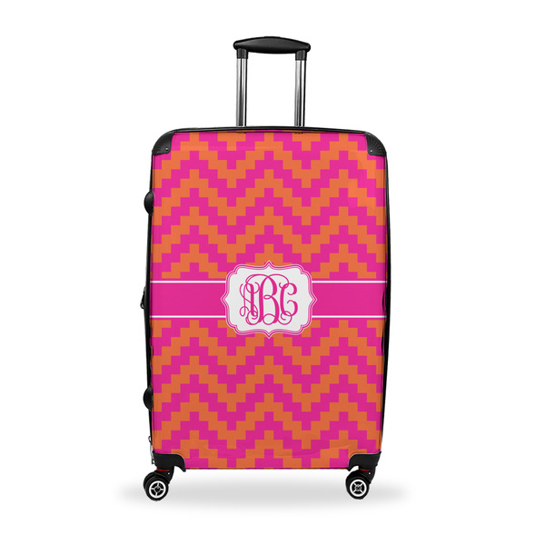 Custom Pink & Orange Chevron Suitcase - 28" Large - Checked w/ Monogram