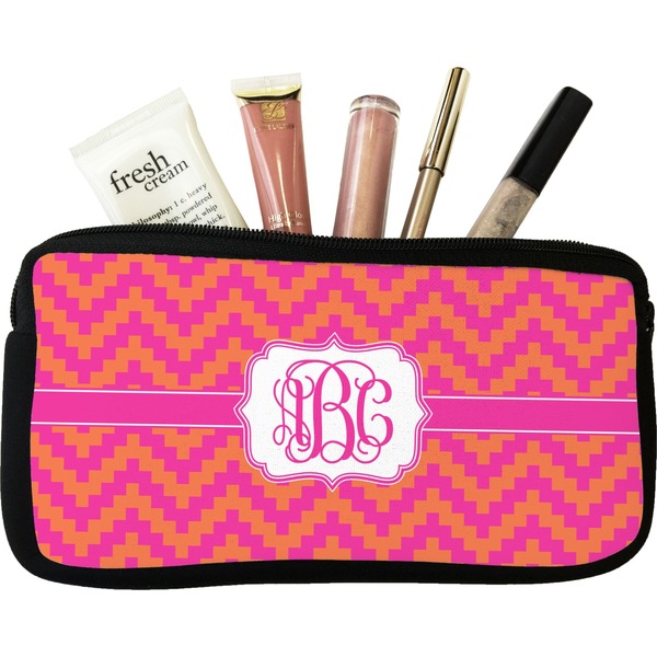 Custom Pink & Orange Chevron Makeup / Cosmetic Bag (Personalized)