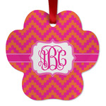 Pink & Orange Chevron Metal Paw Ornament - Double Sided w/ Monogram