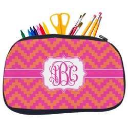 Pink & Orange Chevron Neoprene Pencil Case - Medium w/ Monogram