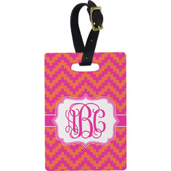 Pink & Orange Chevron Plastic Luggage Tag - Rectangular w/ Monogram