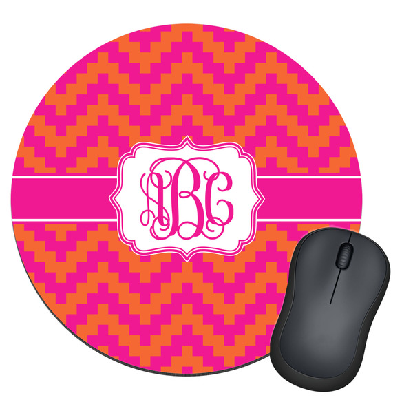 Custom Pink & Orange Chevron Round Mouse Pad (Personalized)