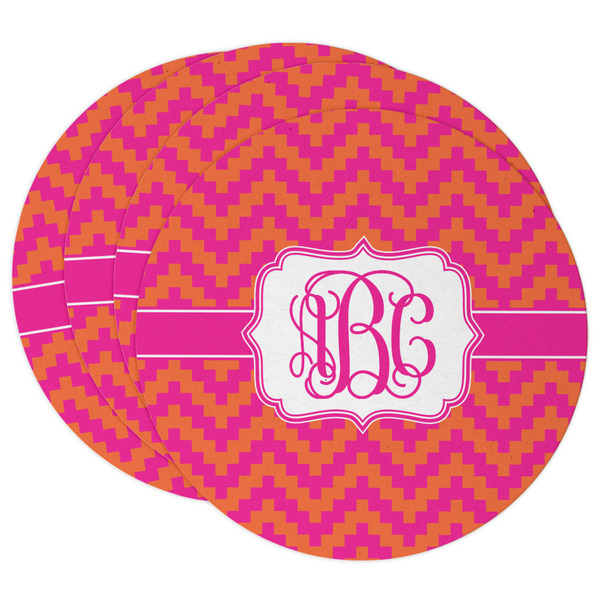 Custom Pink & Orange Chevron Round Paper Coasters w/ Monograms