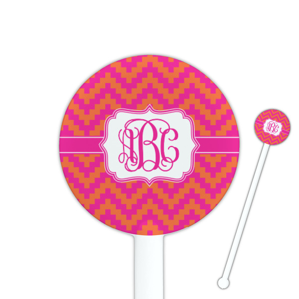 Custom Pink & Orange Chevron 5.5" Round Plastic Stir Sticks - White - Single Sided (Personalized)