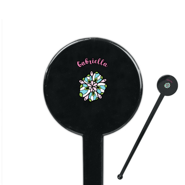 Custom Summer Flowers 7" Round Plastic Stir Sticks - Black - Single Sided (Personalized)