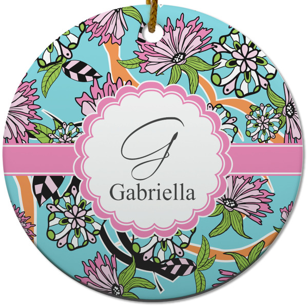 Custom Summer Flowers Round Ceramic Ornament w/ Name and Initial