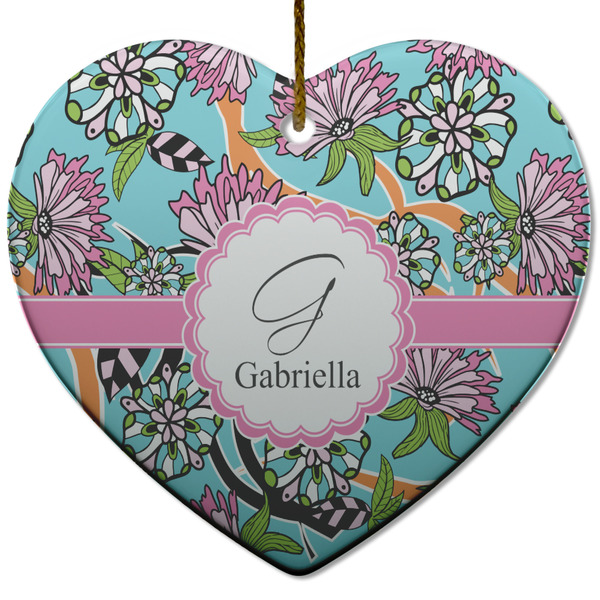 Custom Summer Flowers Heart Ceramic Ornament w/ Name and Initial