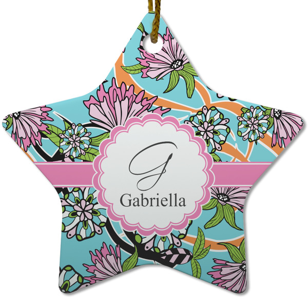 Custom Summer Flowers Star Ceramic Ornament w/ Name and Initial