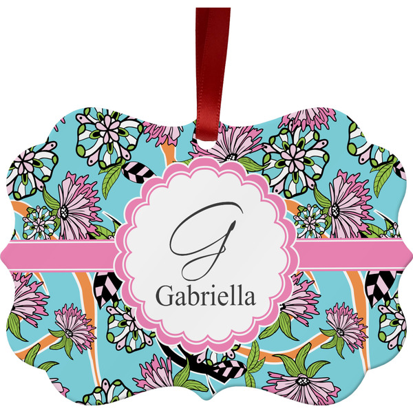 Custom Summer Flowers Metal Frame Ornament - Double Sided w/ Name and Initial