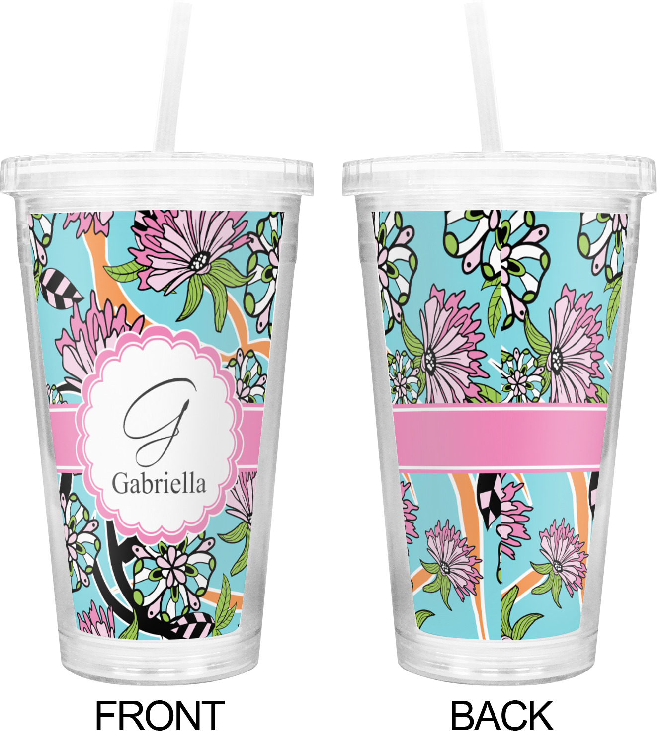 Summer Flowers Double Wall Tumbler with Straw (Personalized