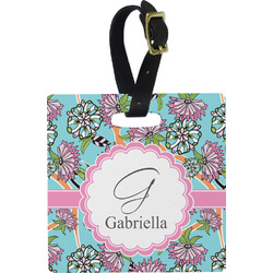 Summer Flowers Plastic Luggage Tag - Square w/ Name and Initial