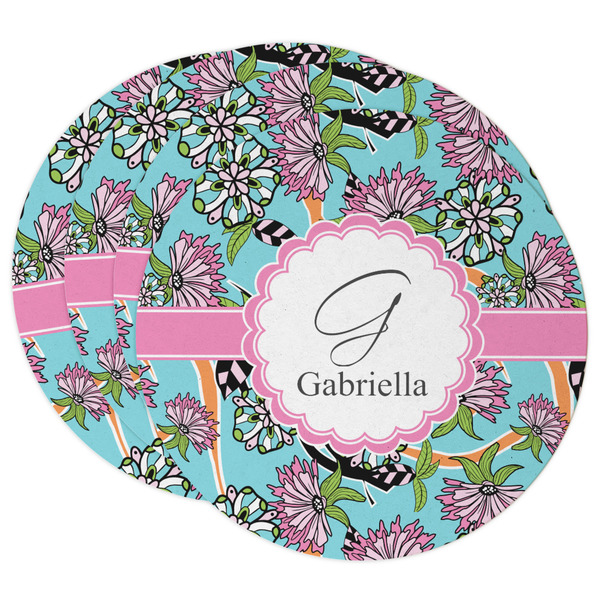 Custom Summer Flowers Round Paper Coasters w/ Name and Initial