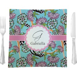 Summer Flowers 9.5" Glass Square Lunch / Dinner Plate- Single or Set of 4 (Personalized)