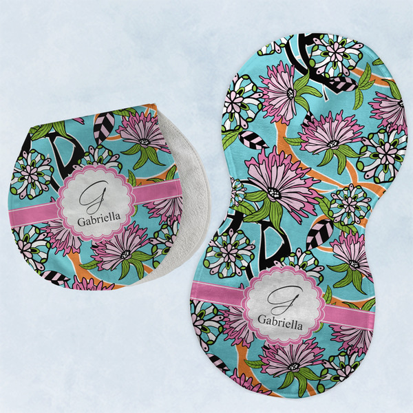 Custom Summer Flowers Burp Pads - Velour - Set of 2 w/ Name and Initial