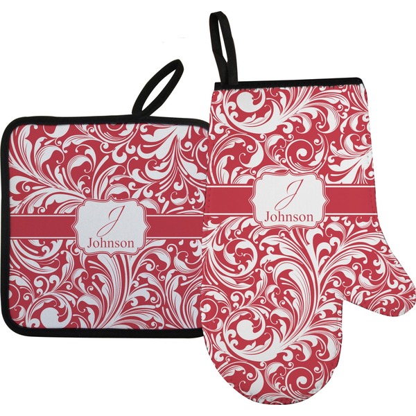 Custom Swirl Right Oven Mitt & Pot Holder Set w/ Name and Initial