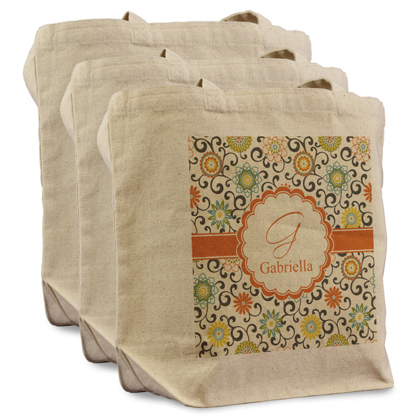 Custom Swirls & Floral Reusable Cotton Grocery Bags - Set of 3 (Personalized)