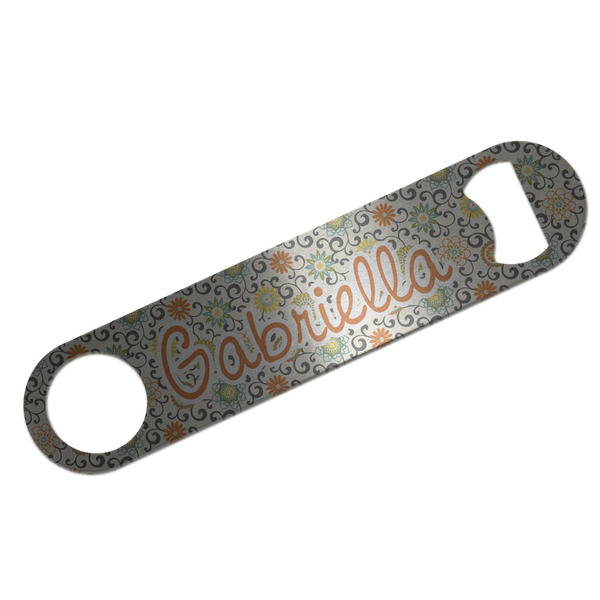 Custom Swirls & Floral Bar Bottle Opener - Silver w/ Name and Initial