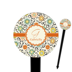 Swirls & Floral 6" Round Plastic Food Picks - Black - Double Sided (Personalized)