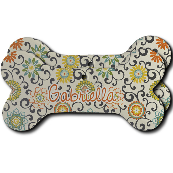 Custom Swirls & Floral Ceramic Dog Ornament - Front & Back w/ Name and Initial