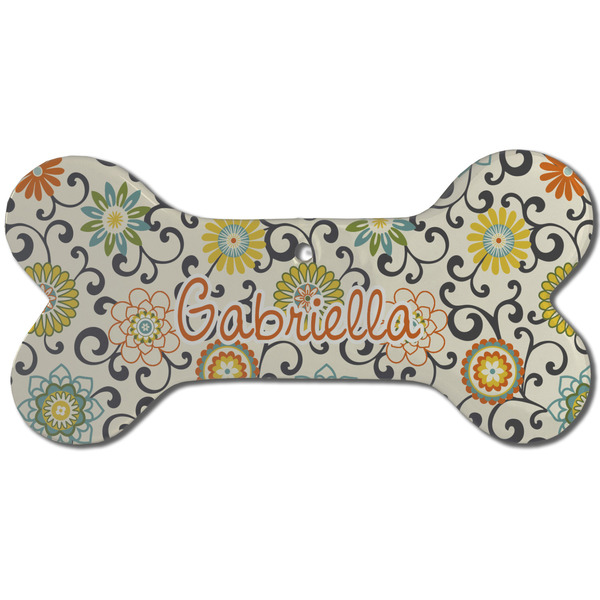 Custom Swirls & Floral Ceramic Dog Ornament - Front w/ Name and Initial