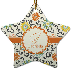 Swirls & Floral Star Ceramic Ornament w/ Name and Initial